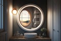 Bathroom with a lighted round mirror and a dingy decor