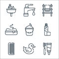 bathroom line icons. linear set. quality vector line set such as dental care, rubber duck, comb, spray, bucket, soap, towel, tap Royalty Free Stock Photo