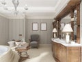 Bathroom in luxury neo-classical style with sinks tubs and a large round bath.