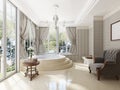 Bathroom in luxury neo-classical style with sinks tubs and a large round bath. Royalty Free Stock Photo