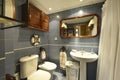 Bathroom with marine accessories, mirror with reddish wood frame and blue tiles with white border