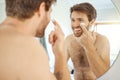 Bathroom mirror reflection, skincare cream or happy man with spf sunscreen, lotion or moisturizer for facial beauty