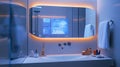 A bathroom mirror with a touch-sensitive interface displaying weather