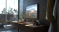 A bathroom mirror with a touch-sensitive interface displaying weather