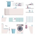 Bathroom modern furniture set. Constructor house equipment icon washing machine, toilet, mirror, bowl, washbasin. Vector Royalty Free Stock Photo