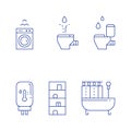 Bathroom objects, bath curtains, toilet and bidet, water heater tank, washing machine,