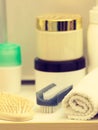 Bathroom objects. Sponges, brushes, towels and creams Royalty Free Stock Photo