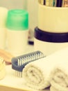 Bathroom objects. Sponges, brushes, towels and creams Royalty Free Stock Photo