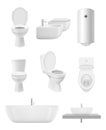 Bathroom objects. Toilet sink shower washroom vector realistic collection