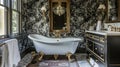 The bathroom oozes Victorian glamour with its walls covered in a bold black and white wallpaper featuring intricate