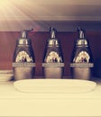 Vintage dispensers for liquid soap.