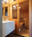 Bathroom with private sauna With glass entrance door Royalty Free Stock Photo