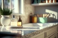 Bathroom products on modern counter with modern interior design. Flawless