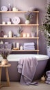 a bathroom with a purple bathtub and a shelf with candles Scandinavian interior Bathroom with