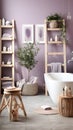 a bathroom with purple walls and a white bathtub Scandinavian interior Bathroom with Lavender color