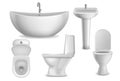 Bathroom realistic objects. White bathtub, toilet seat and washbasin with faucet. Lavatory ceramic bowls top, side and Royalty Free Stock Photo