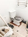 Bathroom renovation concept. stylish white lavatory pan and wood