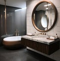 A bathroom with a round mirror and a round mirror above the sink Royalty Free Stock Photo