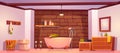 Bathroom in rustic house with bath and brick wall Royalty Free Stock Photo