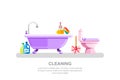 Bathroom and sanitary engineering cleaning. Vector isolated illustration of bath tub, toilet, cleaning tools, detergents Royalty Free Stock Photo
