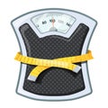 Bathroom scale tape measure. Diet scales concept, mechanical weight measuring centimeter for reduce calories slim waist