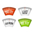 Bathroom scales displaying Do It, Start Now, Go Run and Be Fit messages Royalty Free Stock Photo