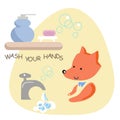 bathroom set flat for childish. Vector illustration. Funny fox. Vector illustration. Isolated on white background Royalty Free Stock Photo