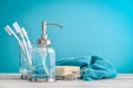 Bathroom set with toothbrushes, towel and soap Royalty Free Stock Photo