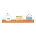 Bathroom shelf with bottles, detergent and towels in cartoon flat style. Vector illustration of cozy modern shelf