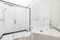 Bathroom with shower cabin with screen with black details Royalty Free Stock Photo