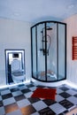 Bathroom with shower and toilet. Black and white check tiled floor