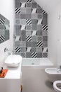 Bathroom with shower unit, toilet, bidet and basin unit, with black and white monochrome patchwork tiles and high ceiling Royalty Free Stock Photo