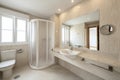 Bathroom with shower with white screen in the corner, cream-colored marble on the walls and floor and countertop of the same color