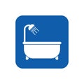 Bathroom sign; graphic flat vector bathtub icon isolated on rectangular blue background