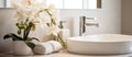 Bathroom sink adorned with flowers and towels, enhancing the interior design Royalty Free Stock Photo