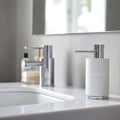 A bathroom sink with a soap dispenser and two faucets, AI