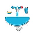 Bathroom sink with soap and toothbrushes, line style vector illustration, personal hygiene