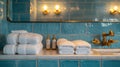 A bathroom sink with towels and a gold bottle on the counter, AI