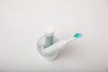 Bathroom with sonic electric toothbrush, toothpaste, mouthwash, dental floss and tongue cleaner Royalty Free Stock Photo