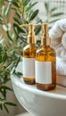 Bathroom spa essentials toiletries, soap, and towel set against a tranquil white background