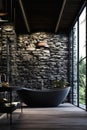 Bathroom Stone Wall and Black Bathtub