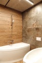 Bathroom in a style loft with wood and stone tiles