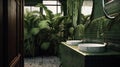 Bathroom with subway tile and a variety of dark green plants of deep forest style