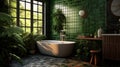 Bathroom with subway tile and a variety of dark green plants of deep forest style