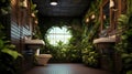 Bathroom with subway tile and a variety of dark green plants of deep forest style