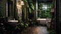 Bathroom with subway tile and a variety of dark green plants of deep forest style