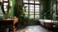 Bathroom with subway tile and a variety of dark green plants of deep forest style