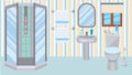 Bathroom toilet interior at home vector illustration. Plumbing shower, wc, sink. Accessories for body wash, bathing