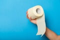 Bathroom toilet paper roll in hand, hygiene tissue sanitary concept