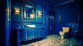 Bathroom with toilet, sink, and mirror in blue and gold colors. Generative AI Royalty Free Stock Photo